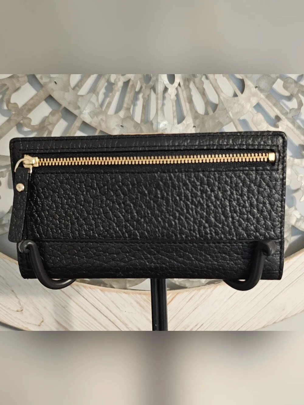 kate spade black pebbled leather continental wallet with gold logo